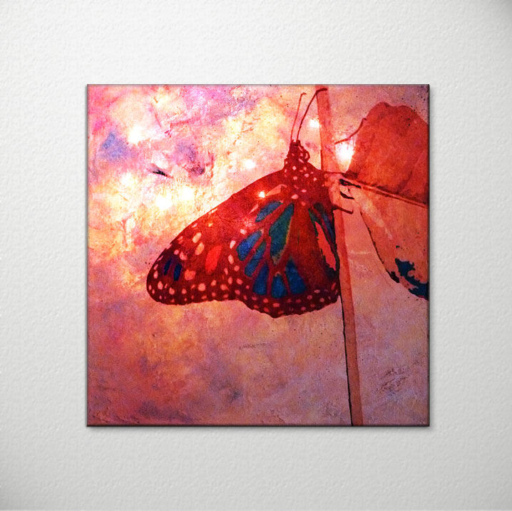 Roter Schmetterling - LED Leuchtbild, Originalgemälde auf Leinwand mit LEDs, 40 x 40cm, Acrylmalerei, rot, rosa, pink, magenta, Collage, Lichtgebilde Lichtgebilde Other spaces Pictures & paintings