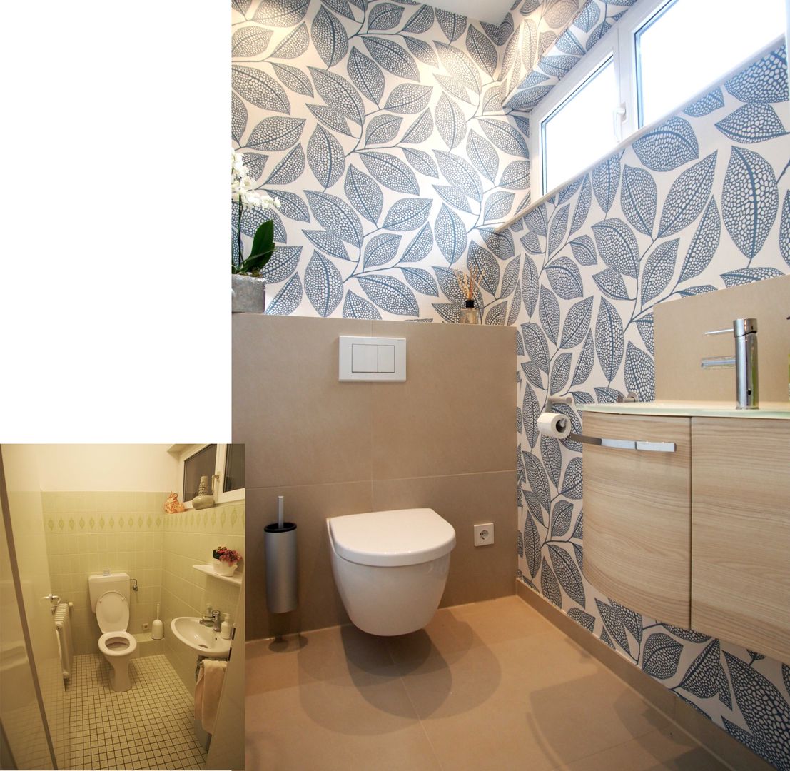 homify Modern Banyo Eigentum,Sanitärarmatur,Spiegel,Gebäude,Badezimmerschrank,Toilleten Sitz,Badezimmer,Schränke,Waschbecken im Badezimmer,Lila