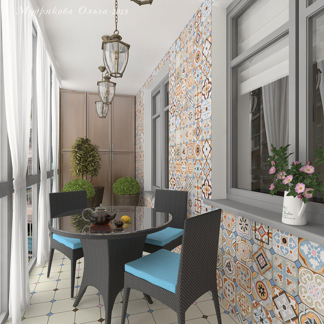 трехкомнатная квартира ул. Кирочная, Design interior OLGA MUDRYAKOVA Design interior OLGA MUDRYAKOVA Balkon, Beranda & Teras Gaya Mediteran