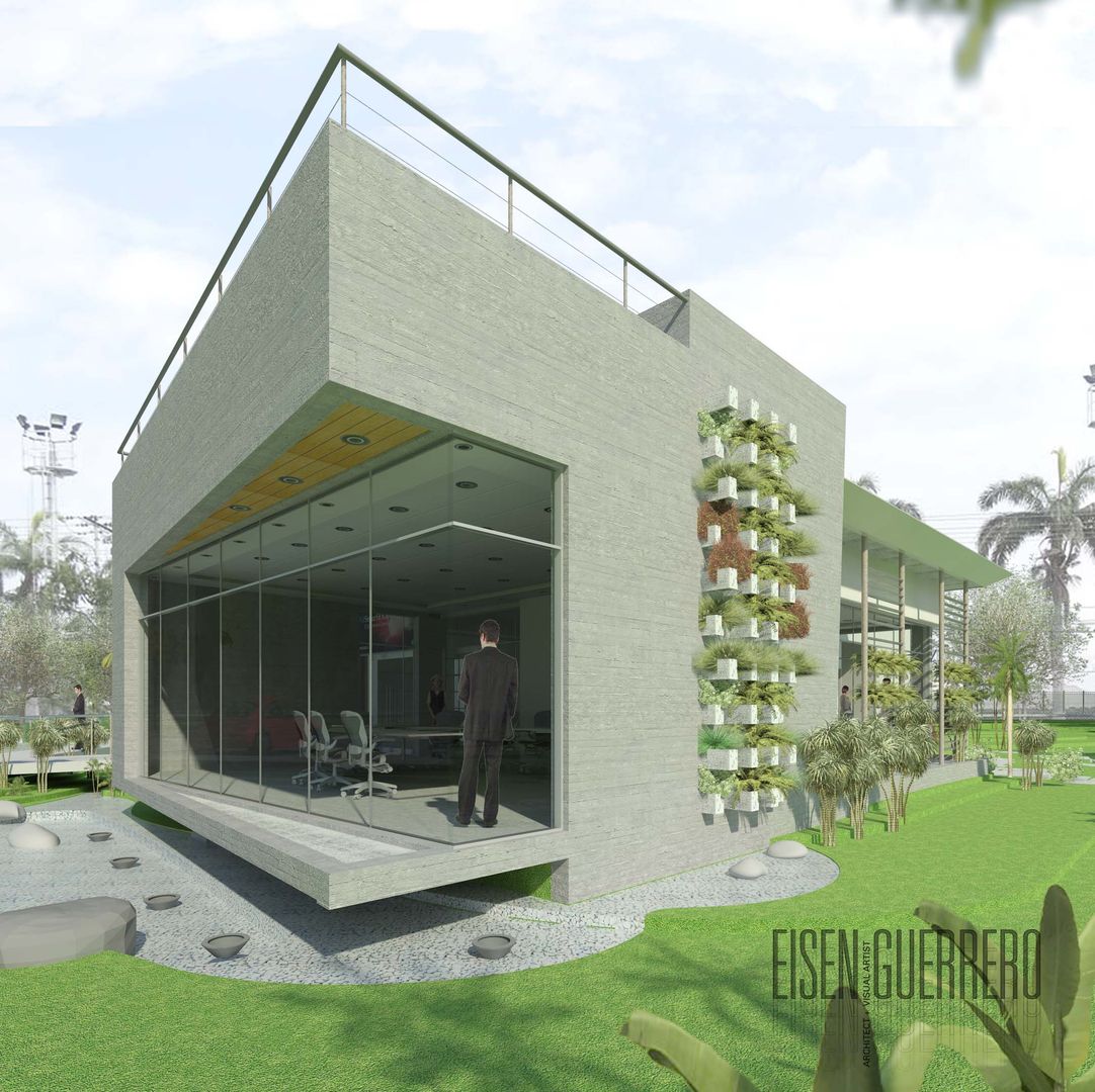 Vista Lateral-Frontal (sur-oeste) al edificio EXPERIENCE CENTRE EISEN Arquitectura + Construccion Casas minimalistas