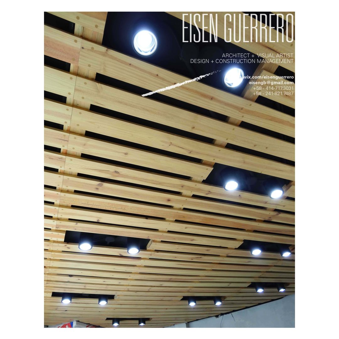 Techo Cielo raso en madera Pino con lamparas spot led, adosadas a losa de techo pintada en negro mate. EISEN Arquitectura + Construccion Bodegas de estilo minimalista