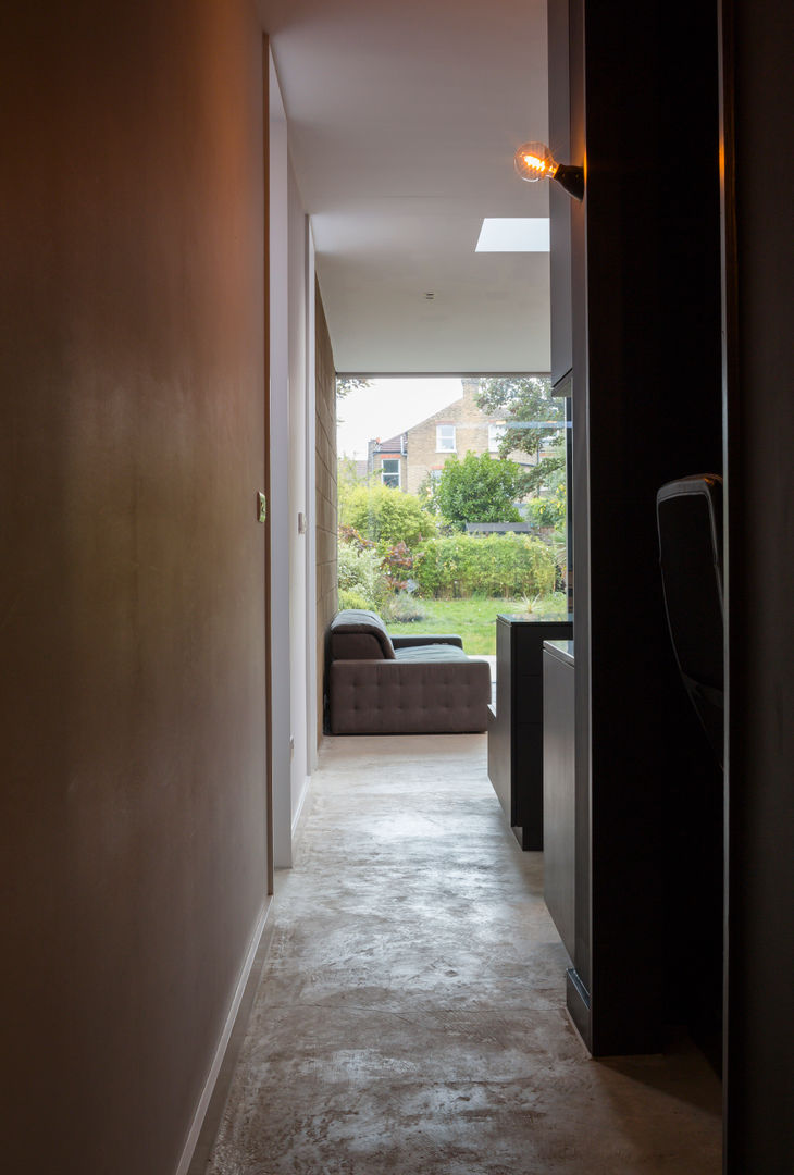 View from front door through to garden Mustard Architects Industrial style corridor, hallway and stairs