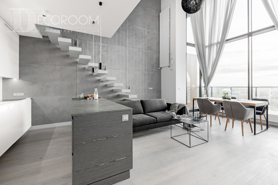 nowocześnie w bieli, szarościach i czerni., Pracownia Architektury Wnętrz Decoroom Pracownia Architektury Wnętrz Decoroom Гостиная в стиле модерн