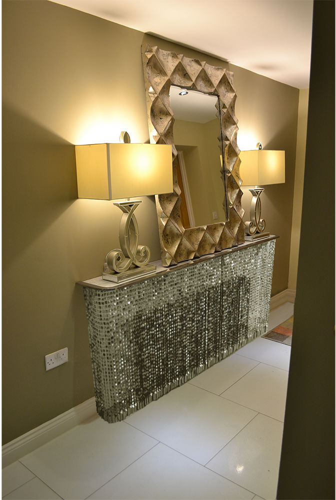 Glitzy hallway transformation with crystal, large mirror and side lamps Laser cut Furniture & Screens Modern Corridor, Hallway and Staircase Glass Lighting