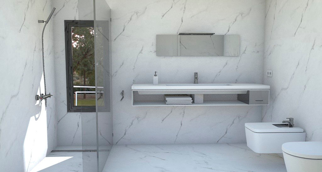 UNA CASA EN H REVESTIDA DE PIEDRA, NUÑO ARQUITECTURA NUÑO ARQUITECTURA Modern bathroom کوارٹج