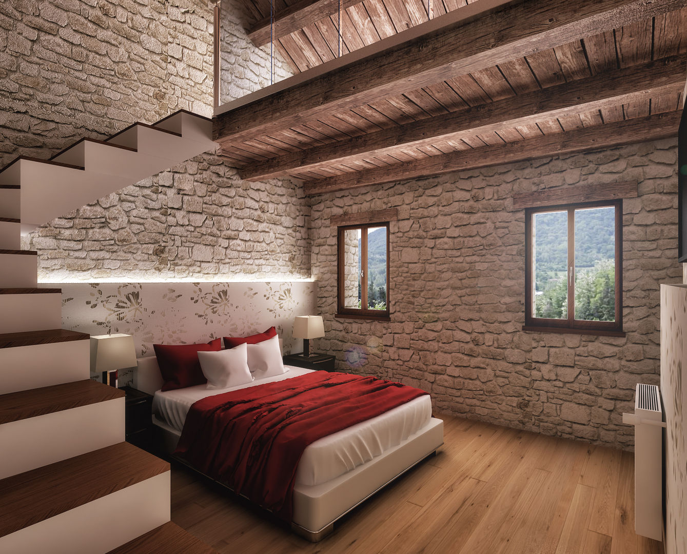 Camera da letto homify Camera da letto in stile rustico Legno Effetto legno soppalco,muro in pietra,casa in pietra,camera da letto,illuminazione a LED,travi in legno,parquet,montagna