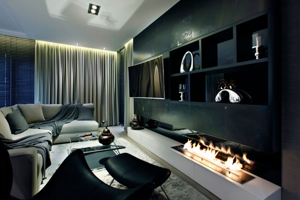 Elegancki apartament, w którym króluje czerń, FLOW Franiak&Caturowa FLOW Franiak&Caturowa Nowoczesny salon