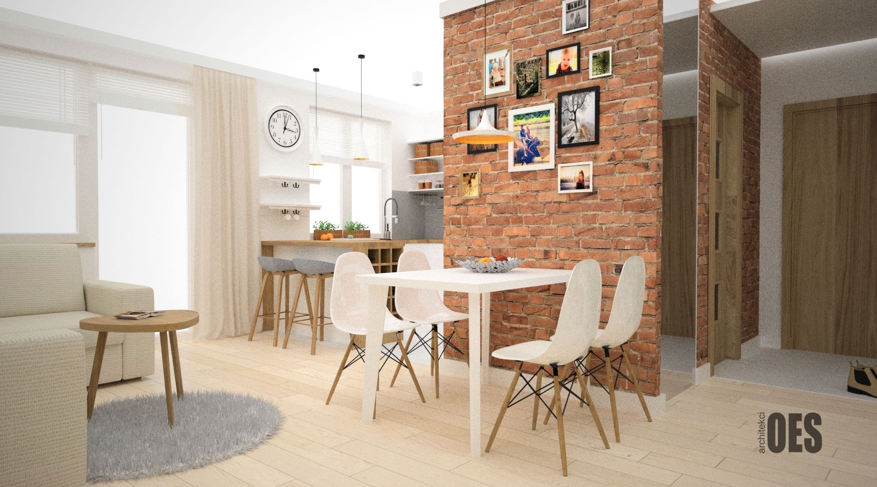 Projekt kuchni i salonu, OES architekci OES architekci Scandinavian style living room Bricks