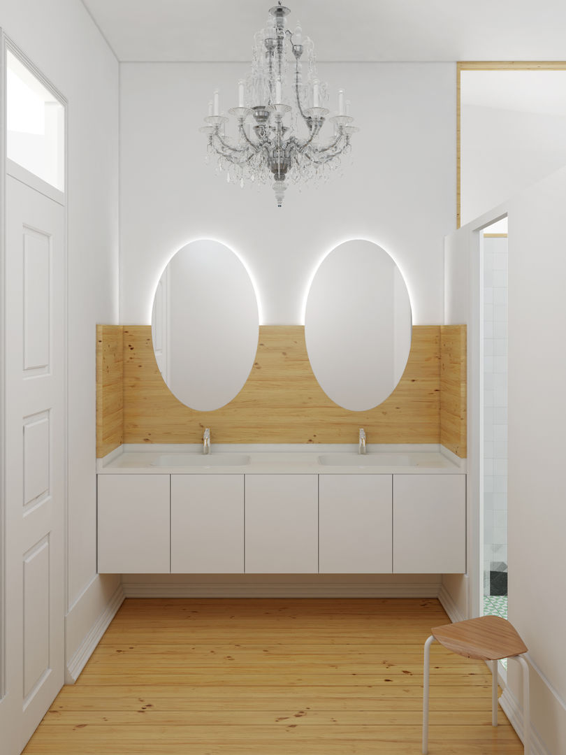 Remodelação de apartamento na Estrela, em Lisboa, de Aurora Arquitectos, AURORA ARQUITECTOS AURORA ARQUITECTOS Modern style bathrooms