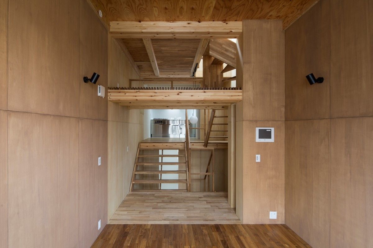 Living, Stairs and Kitchen Kentaro Maeda Architects Modern Living Room Solid Wood Multicolored