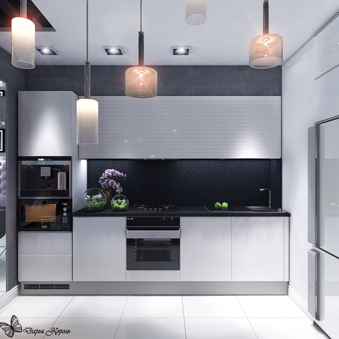 Кухня-гостиная в контрастных черно белых тонах, Your royal design Your royal design ミニマルデザインの キッチン