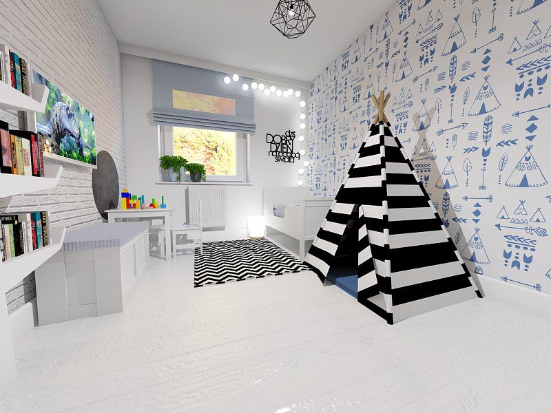 Black and white with teepee wallpaper homify Dormitorios infantiles de estilo escandinavo