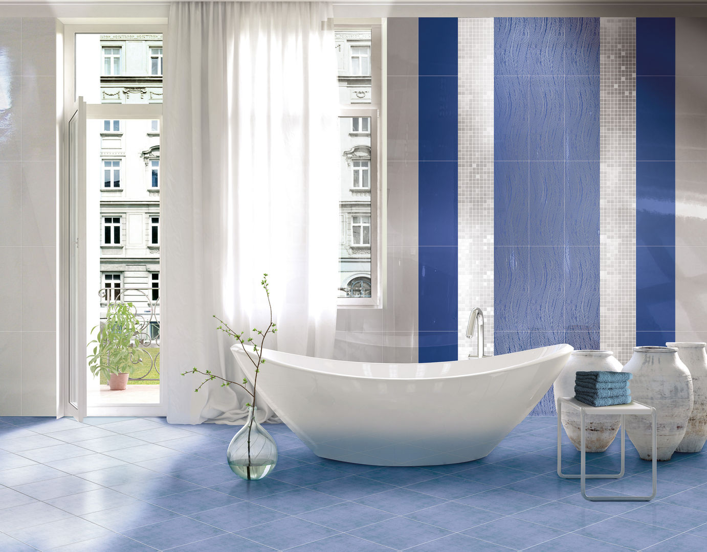 WAVW CERAMICHE BRENNERO SPA Bagno moderno Ceramica Proprietà,Vasca da bagno,Rubinetto,Costruzione,Azzurro,Blu,Pianta,Apparecchio idraulico,Interior design,Finestra