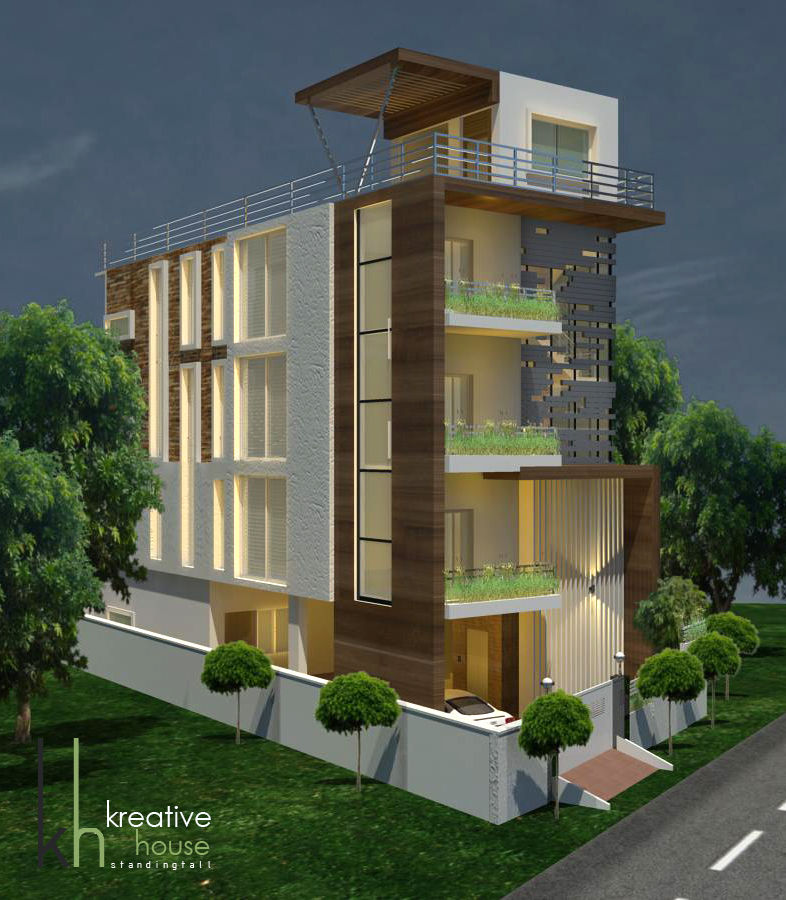 A DREAM HOME FOR AN INDIAN FAMILY (North West View) KREATIVE HOUSE Modern houses Solid Wood Multicolored