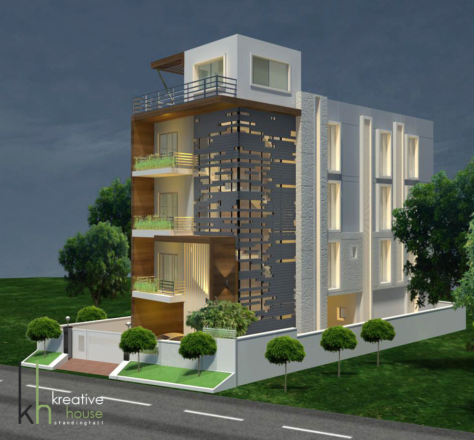 A DREAM HOME FOR AN INDIAN FAMILY (South West View) KREATIVE HOUSE Modern home Solid Wood Multicolored