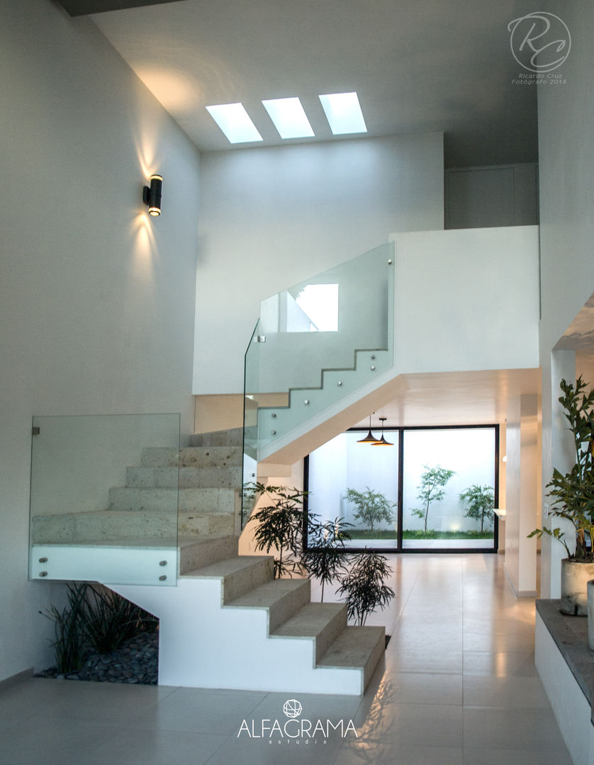 Escaleras y área de comedor Alfagrama estudio Pasillos, vestíbulos y escaleras de estilo moderno Concreto