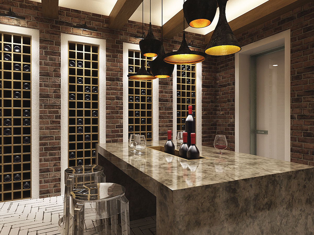 Интерьер дома с винотекой в стиле модерн и шале, A-partmentdesign studio A-partmentdesign studio Bodegas de vino Ladrillos