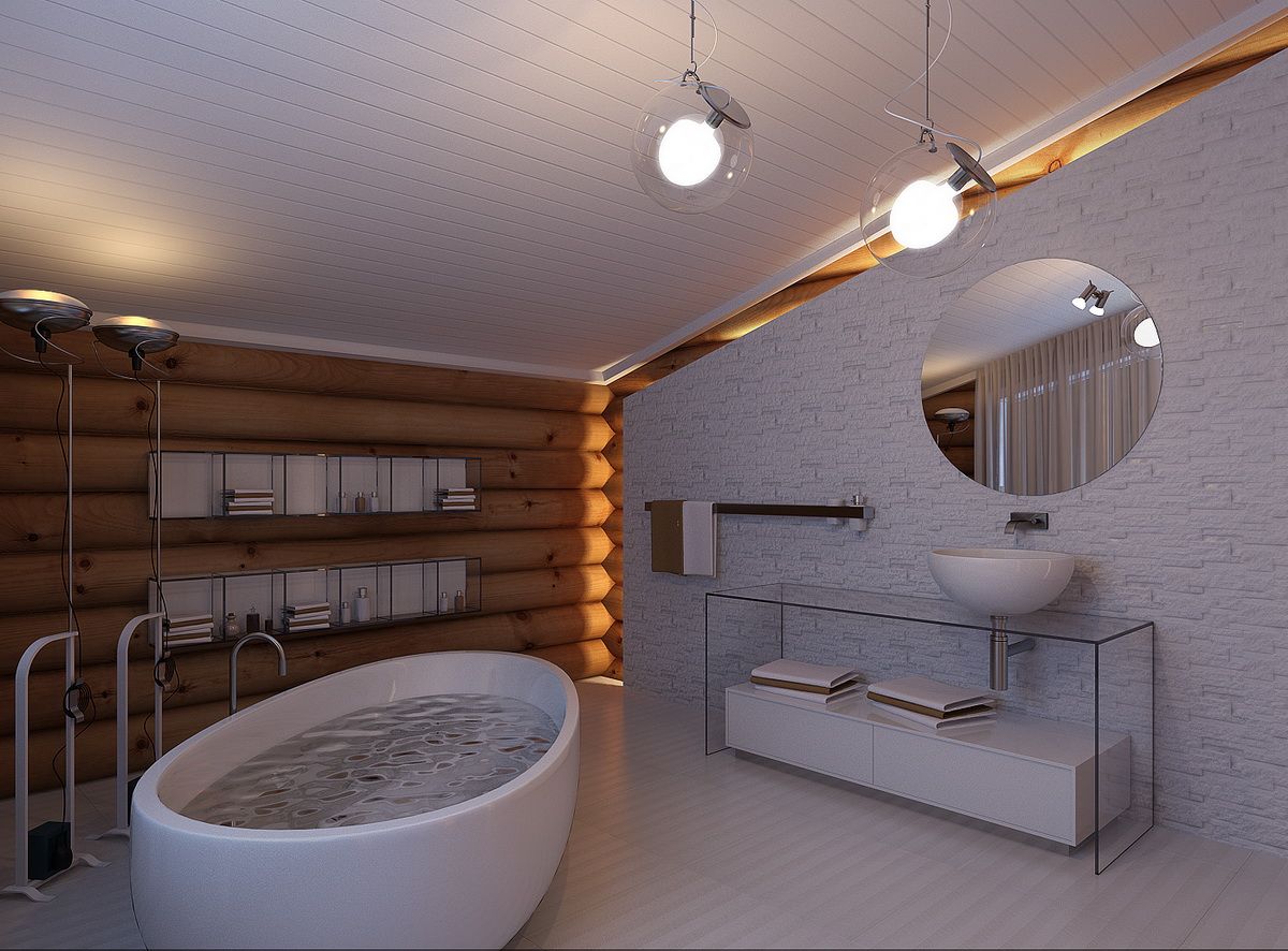 Интерьер дома с open spaсe в стиле шале, A-partmentdesign studio A-partmentdesign studio Bathroom سرامک