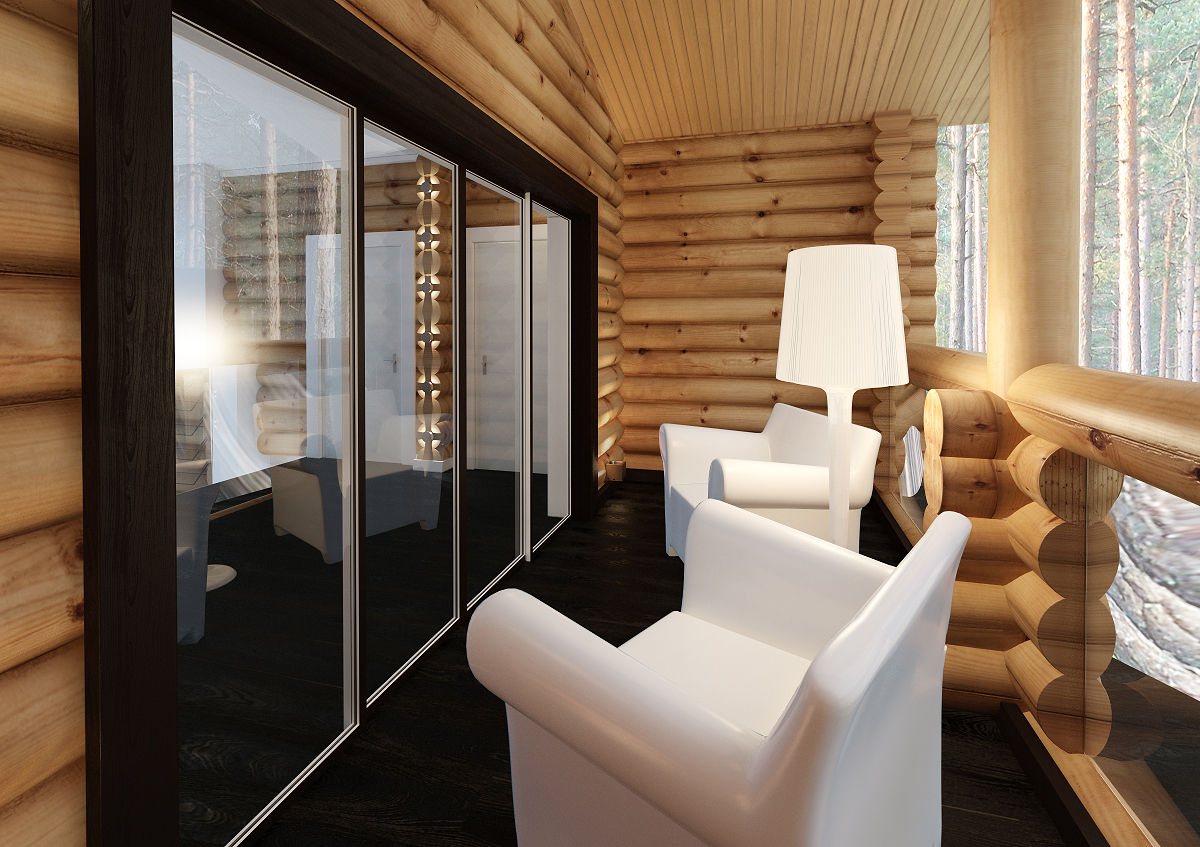 Интерьер дома с open spaсe в стиле шале, A-partmentdesign studio A-partmentdesign studio بلكونة أو شرفة خشب Wood effect