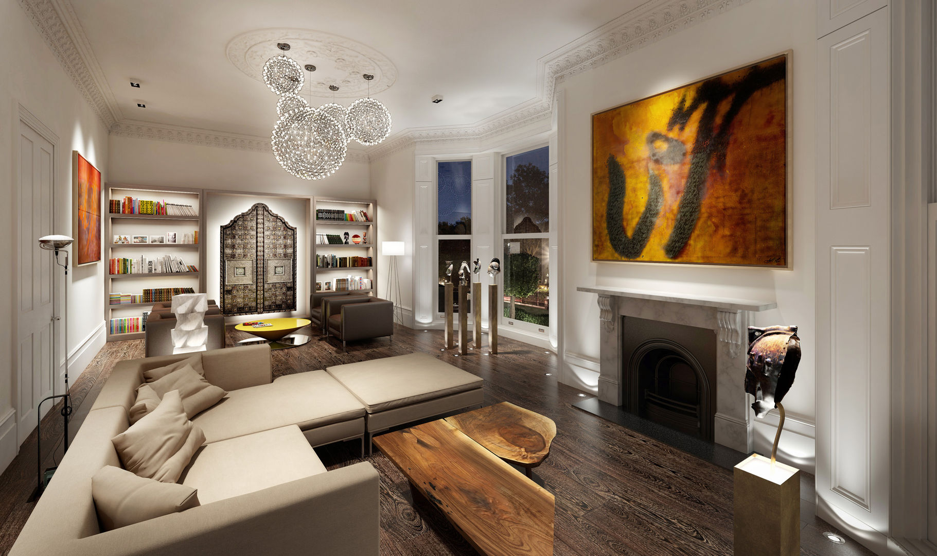 ​House in Notting Hill by Recent Spaces Recent Spaces Modern living room Wood Wood effect wood,floor,morocco,moroccan,fireplace,sofa,coffee table,sculptures,chandelier