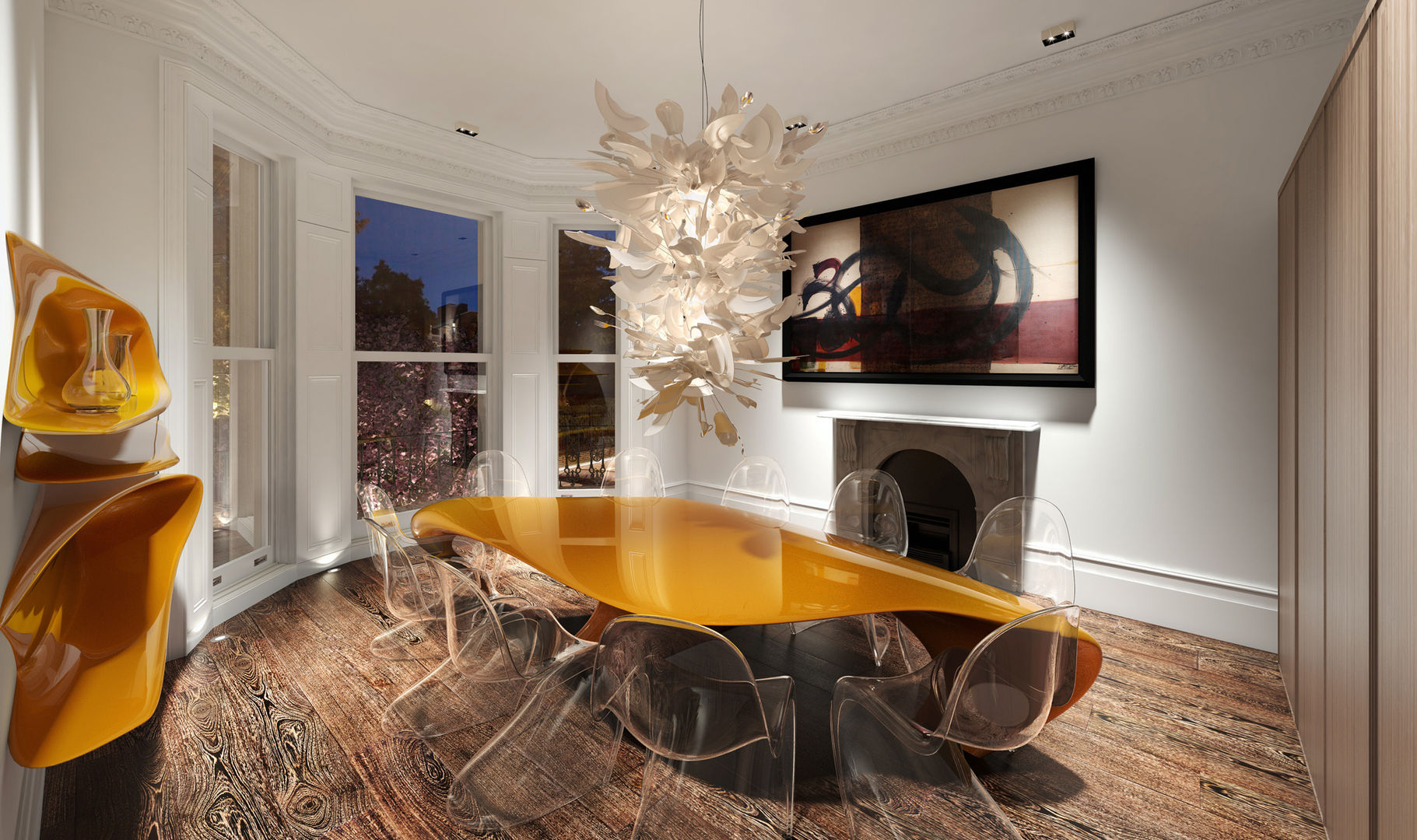 ​House in Notting Hill by Recent Spaces Recent Spaces モダンデザインの ダイニング プラスティック zaha hadid,dining table,wood floor,chandelier,dining light,lamp,fireplace