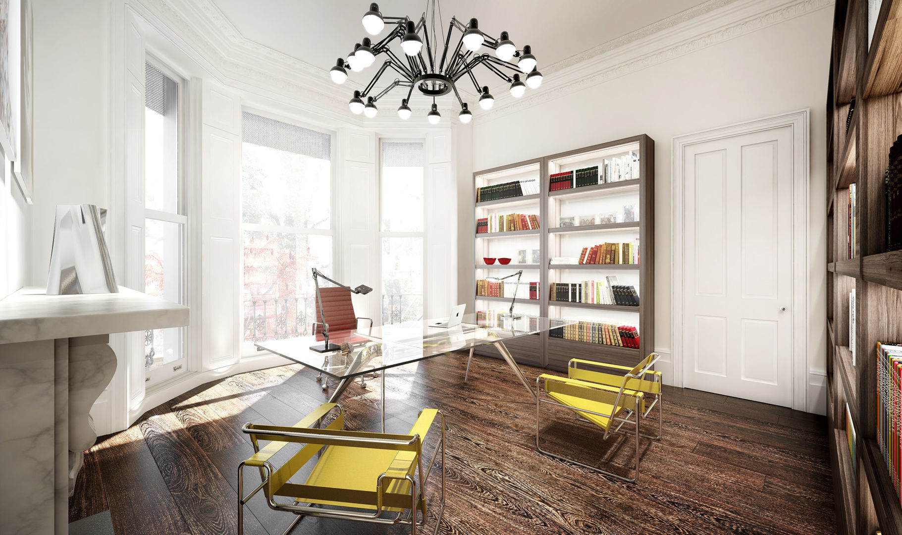 ​House in Notting Hill by Recent Spaces Recent Spaces Modern style study/office Wood Wood effect study,office,wood floor,yellow chairs,lamp,chandelier,bookshelf,bookshelves