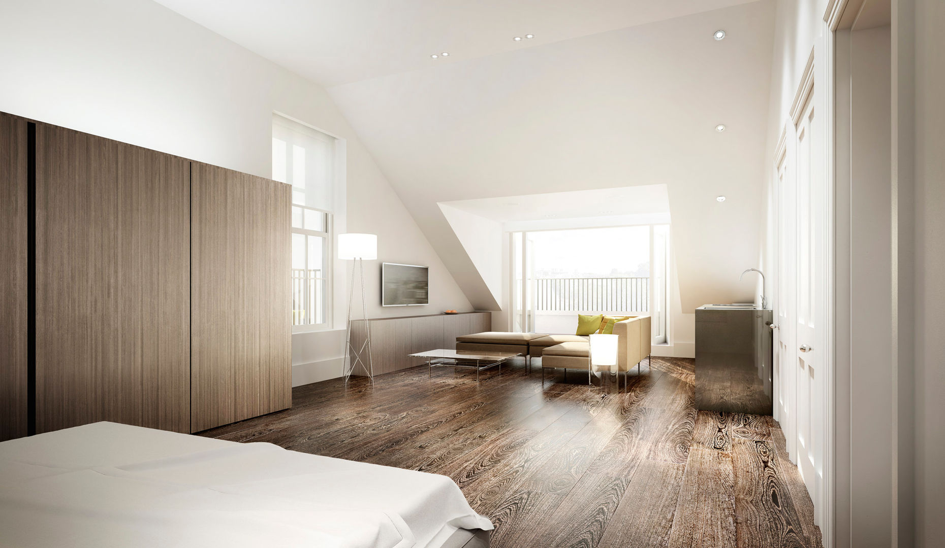 ​House in Notting Hill by Recent Spaces Recent Spaces Camera da letto moderna Legno Effetto legno wood floor,bedroom,sloping,sloped,pitched,dormer,attic,loft,cupboard,seating,kitchenette