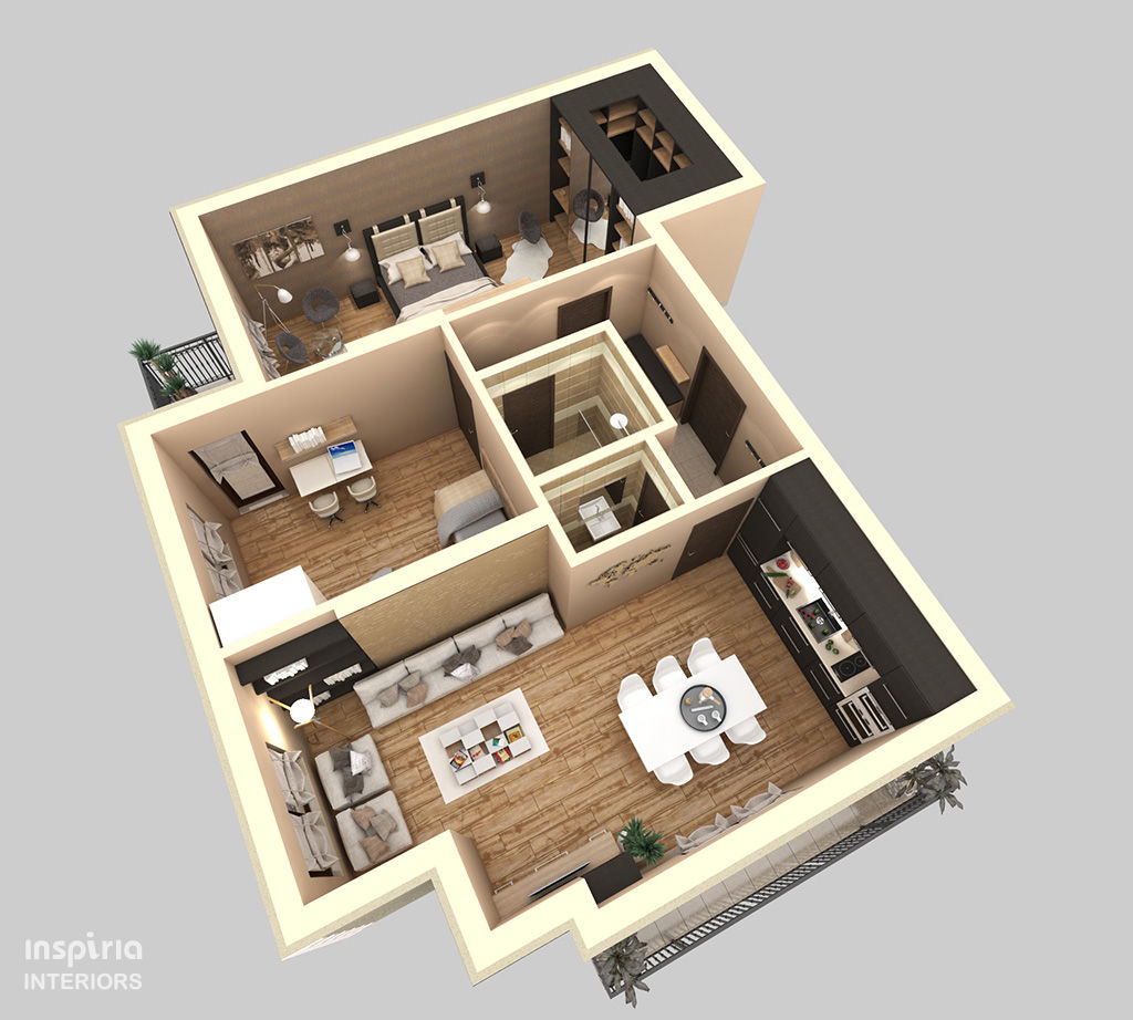 modern by Inspiria Interiors, Modern floor plan,residential,apartment,modern,3D,rendering,design,interior