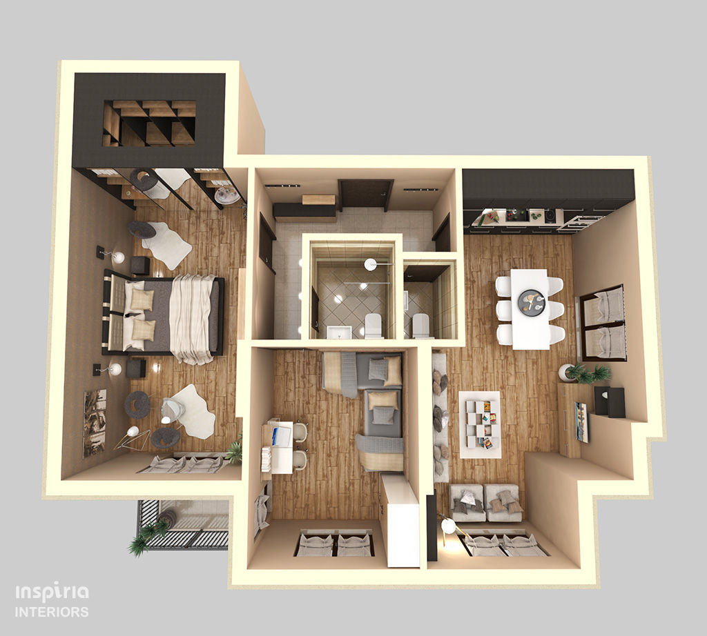 3d Floor Plans Inspiria Interiors floor plan,3D,rendering,interior,design,apartment,residential,modern,two bedroom