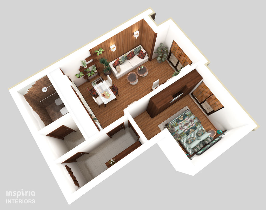 Country style Interior for an apartment Inspiria Interiors غرفة السفرة 3D,floor plan,one bedroom,country,small