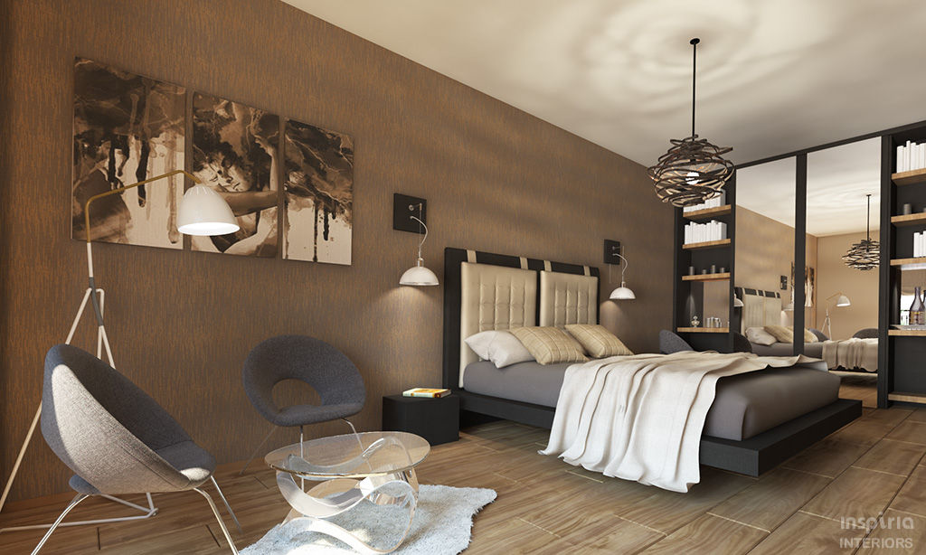 Contemporary Interior for an apartment, Sofia Inspiria Interiors Kamar Tidur Gaya Skandinavia scandinavian bedroom,walk-in closet,bedroom lounge,cozy bedroom,contemporary bedroom,neutral colors,taupe colors,modern bedroom,reading corner,integrated tv wall,container house