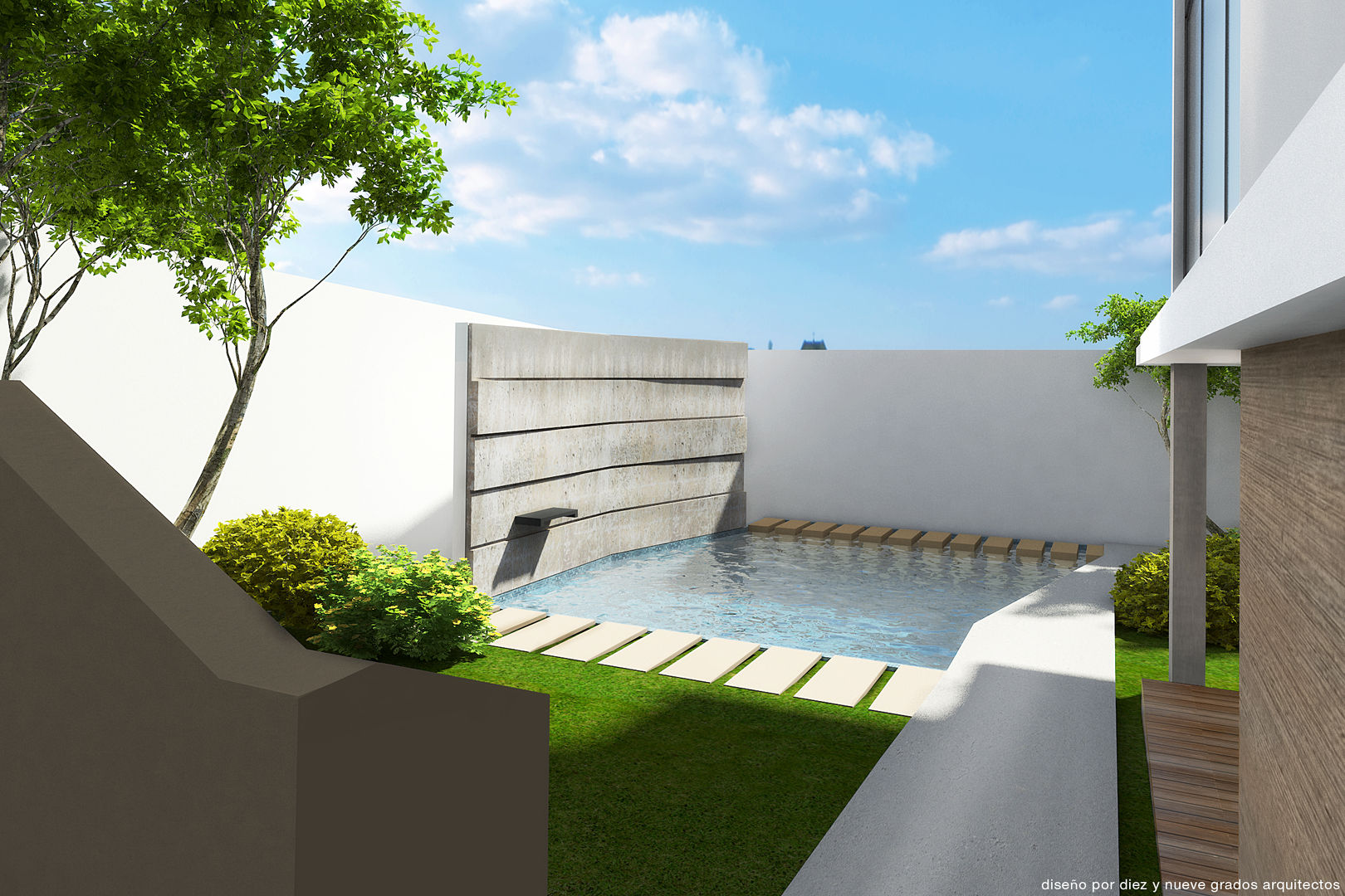 Alberca Diez y Nueve Grados Arquitectos alberca,piscina,jardin,render,casa,patio,piedra