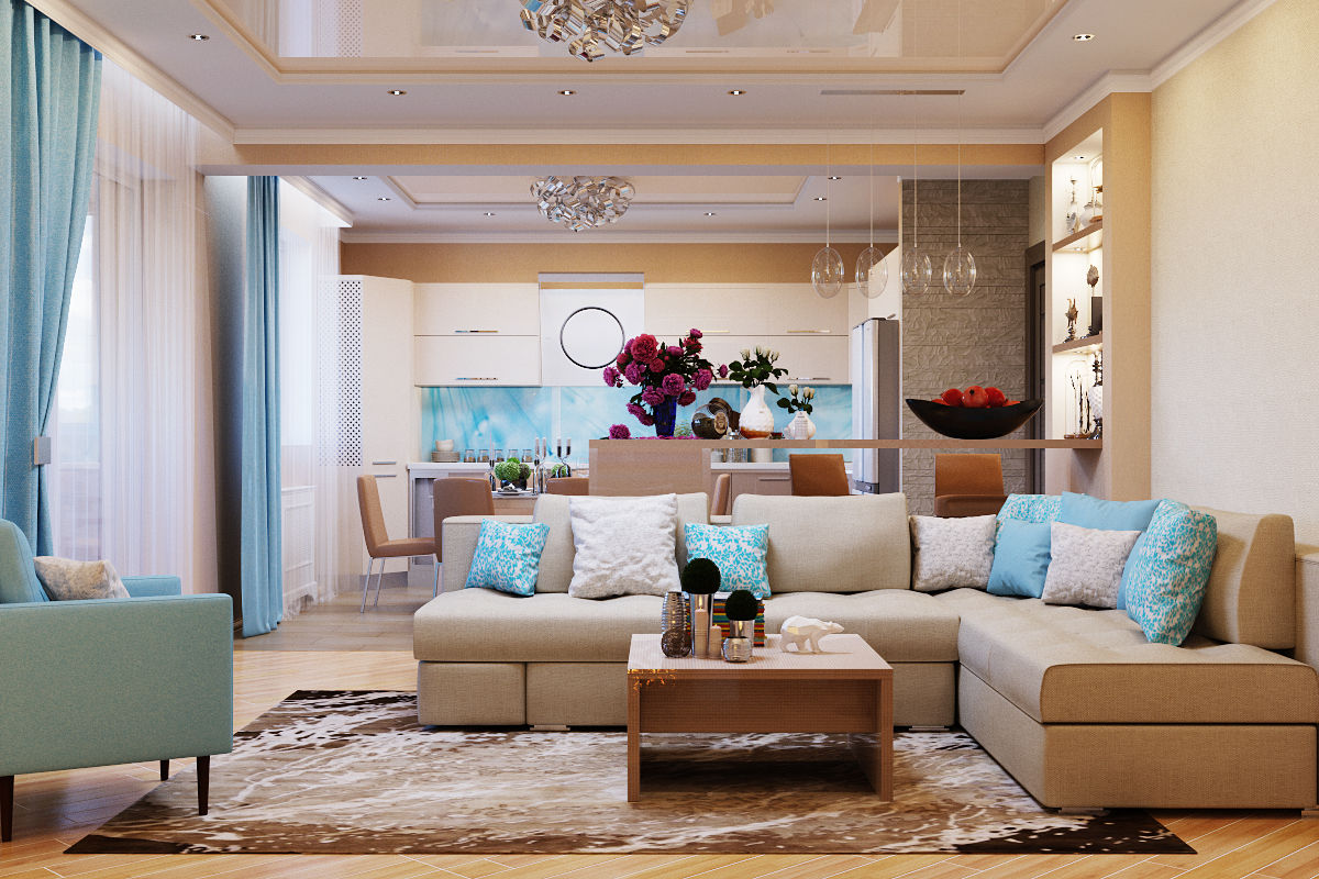 Легкий современный стиль гостиной с камином Студия дизайна ROMANIUK DESIGN Гостиная в средиземноморском стиле