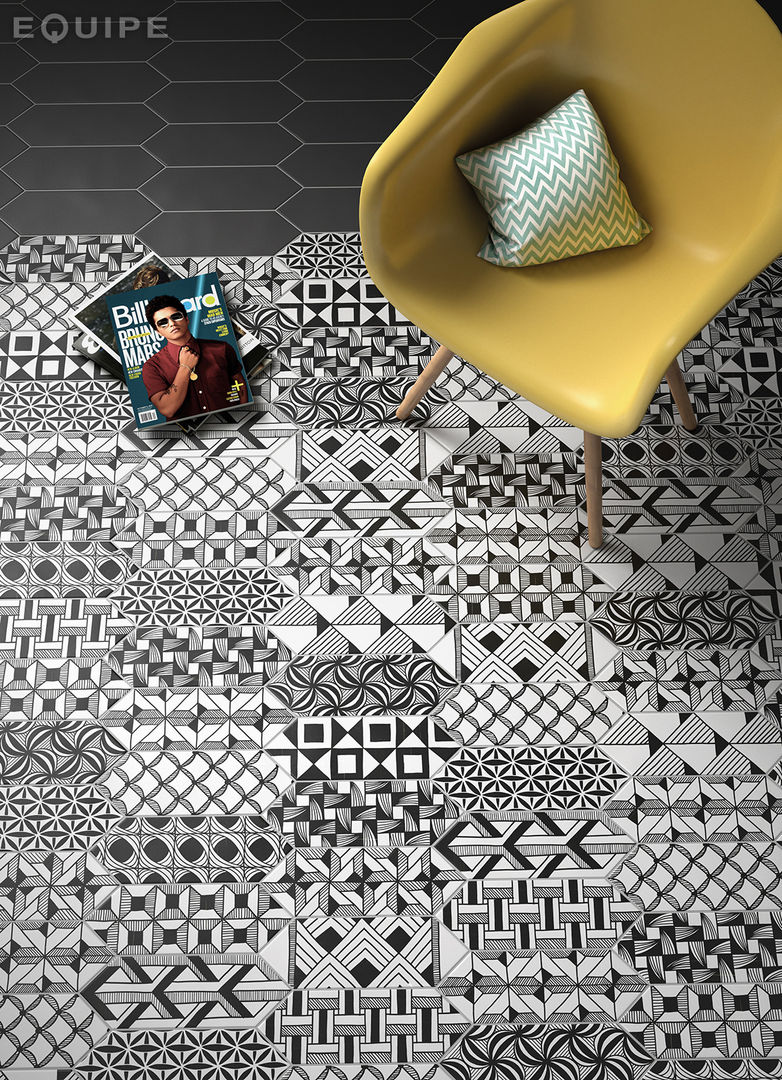 Kite Black, Patchwork 10x30 homify Salones de estilo moderno patchwork,basic color,ceramic,floor tile,floor & wall collection,form,geometric,geometric tile,interior design,kite,monochromatic,original geometry,shape,trend,Vanguard,wall tile