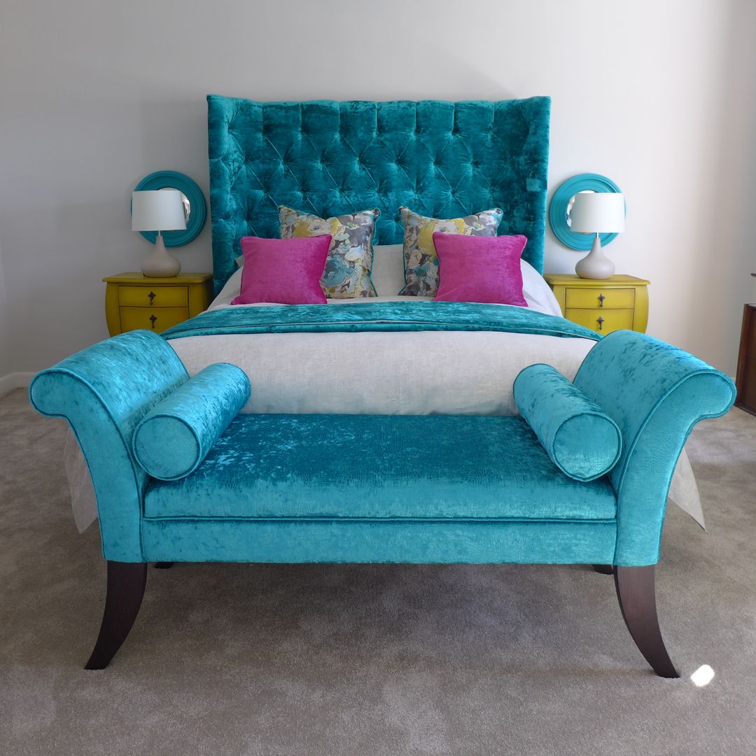 bedroom decoration Style Within Quartos clássicos aqua blue seat,blue seat,velvet seat,crocodile velvet,bed end,grey bedroom,blue bedroom,pink accents,bombe bedside units,bedroom seat,bedroom furniture,bedroom decoration