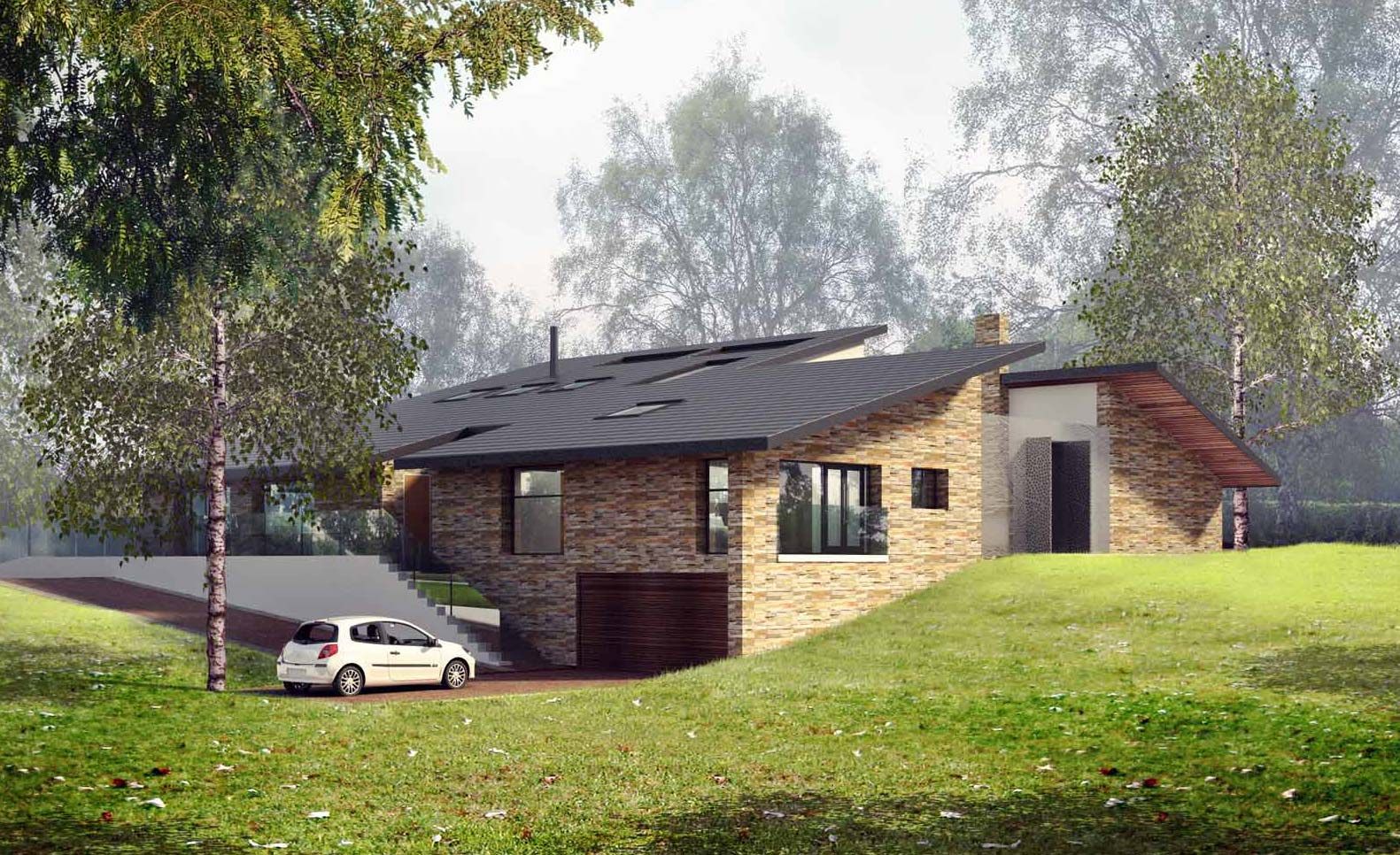 Rear Elevation Artform Architects Casas de estilo moderno stone house,bespoke house,design,Manchester,architects,sustainable,slate roof,new build,eco-house,Artform Architects