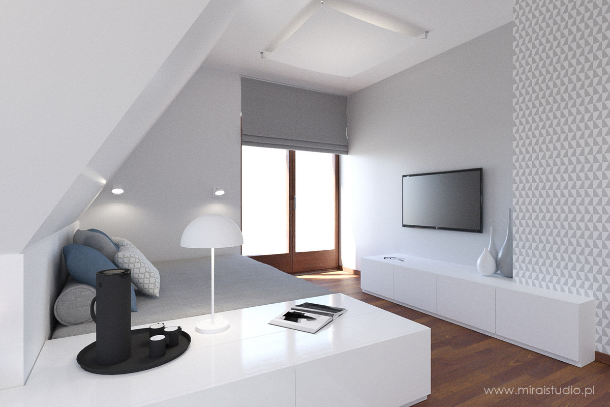 pokoje na poddaszu - Witów - wizualizacja, MIRAI STUDIO MIRAI STUDIO Minimalist bedroom