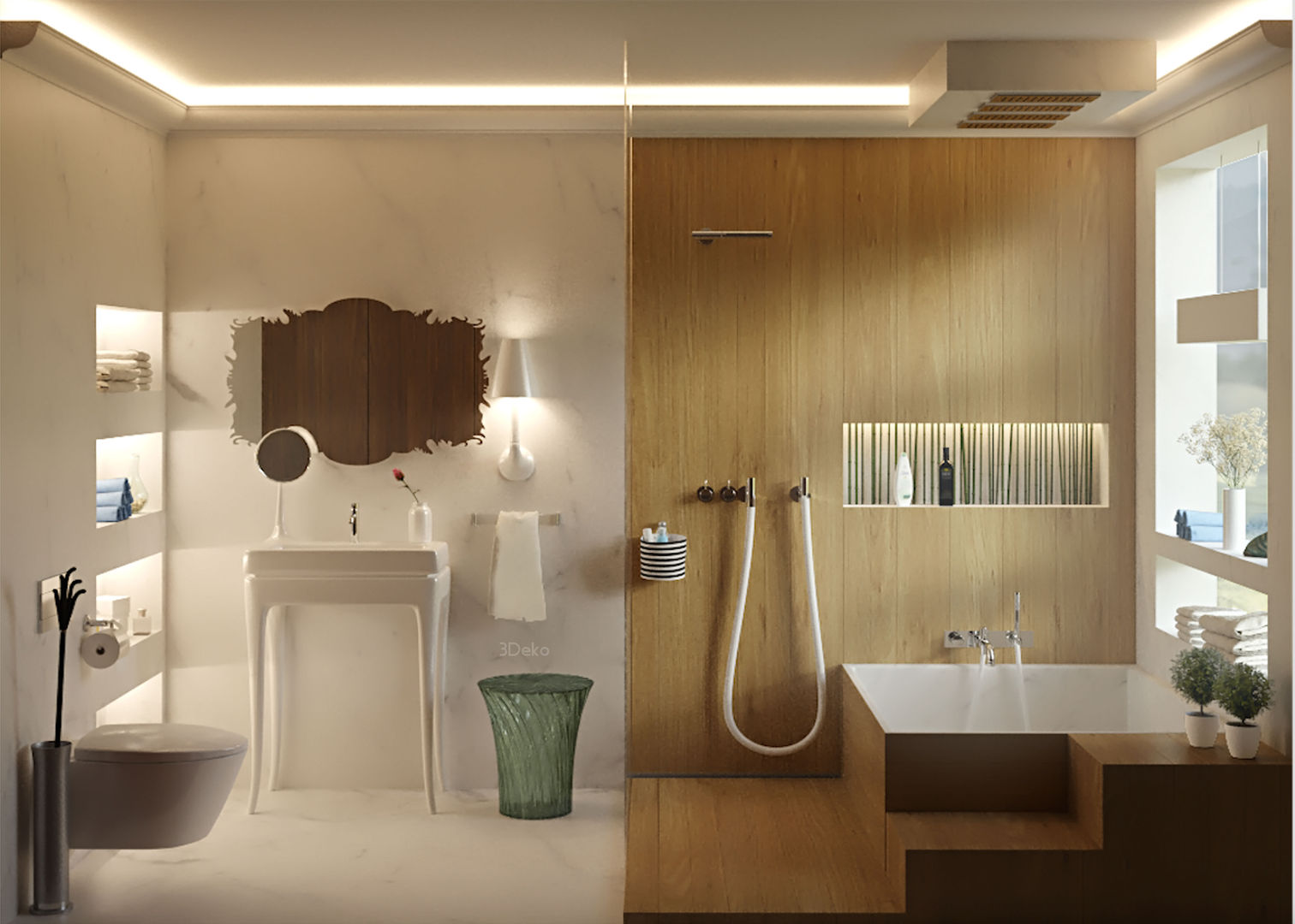 Baño en mármol y madera homify Baños modernos