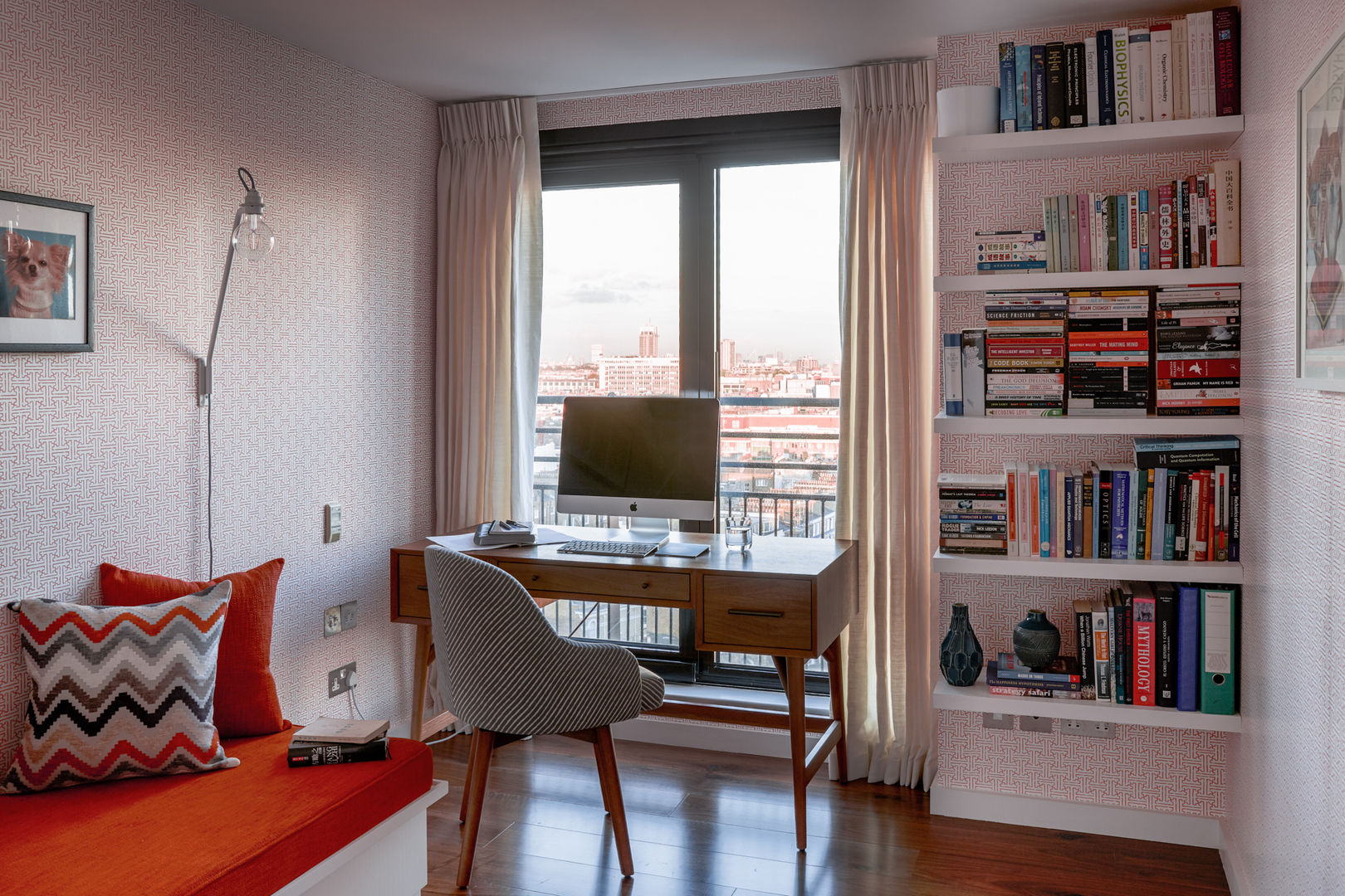 Gloucester Road Penthouse Bhavin Taylor Design Modern study/office bedroom,home office,study,desk,midcentury,chair,sofabed,wallpaper,pattern,walnut flooring,custom-made shelves,curtains