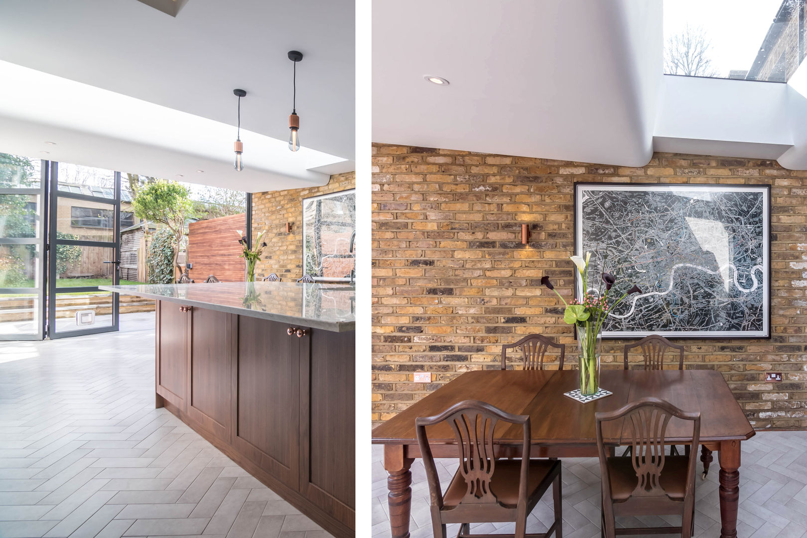 East Dulwich 1 Proctor & Co. Architecture Ltd Cozinhas modernas Tijolo exposed brick,walnut kitchen,curve ceiling,skylight,copper pendant