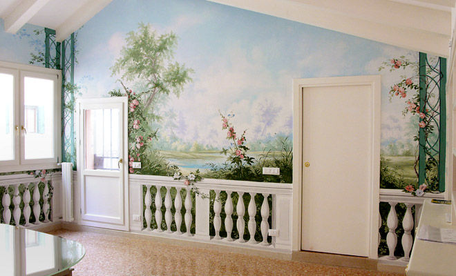 Giardino primaverile. erica de rosa, dipinti, affreschi, trompe l'oeil, decorazioni - Venezia Soggiorno classico Pianta,Azzurro,Di legno,Interior design,Architettura,portico,Pavimento,Soggiorno,Edificio,Pavimentazione