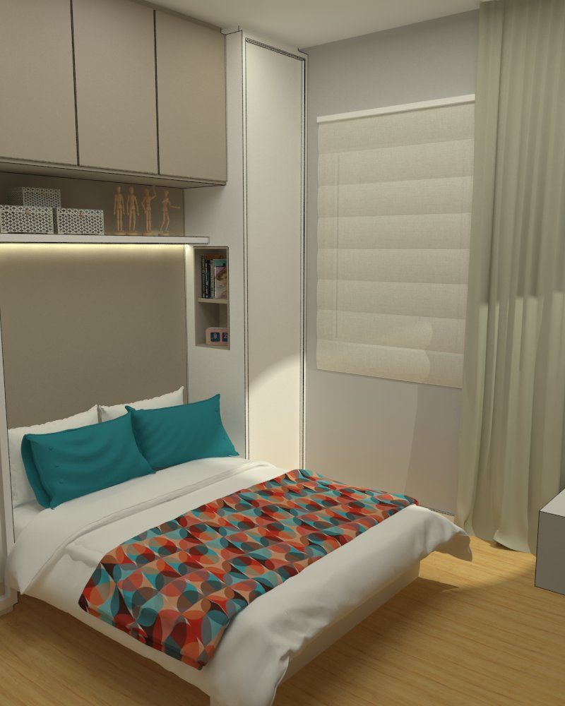 Dormitório pequeno e funcional .Villa arquitetura e algo mais Quartos modernos MDF quarto,bedroom,conforto,cortina,persiana,estampa