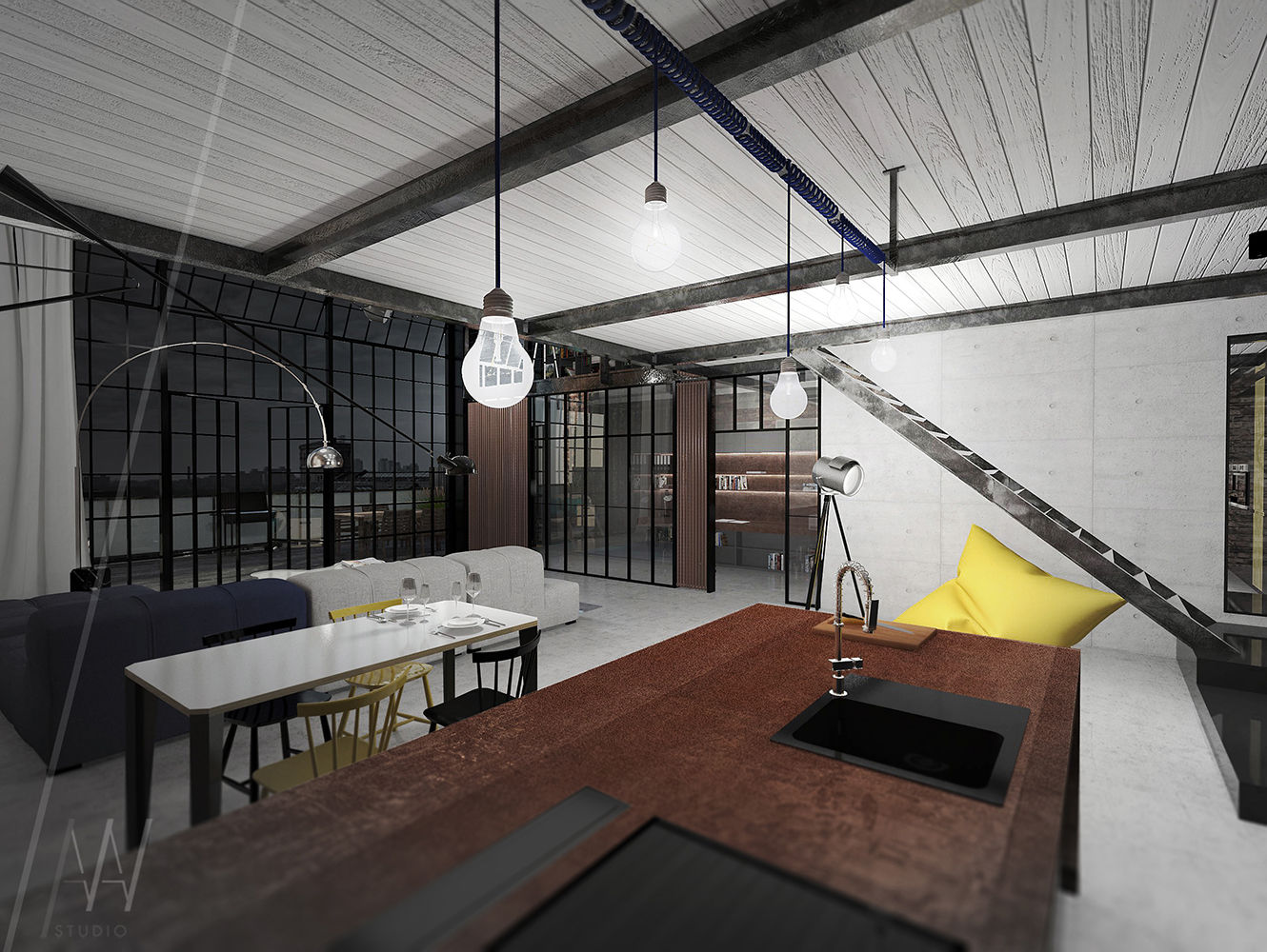 PROJEKT KONCEPCYJNY WNĘTRZ LOFTU O INDUSTRIALNYM CHARAKTERZE, AAW studio AAW studio Industrial style kitchen