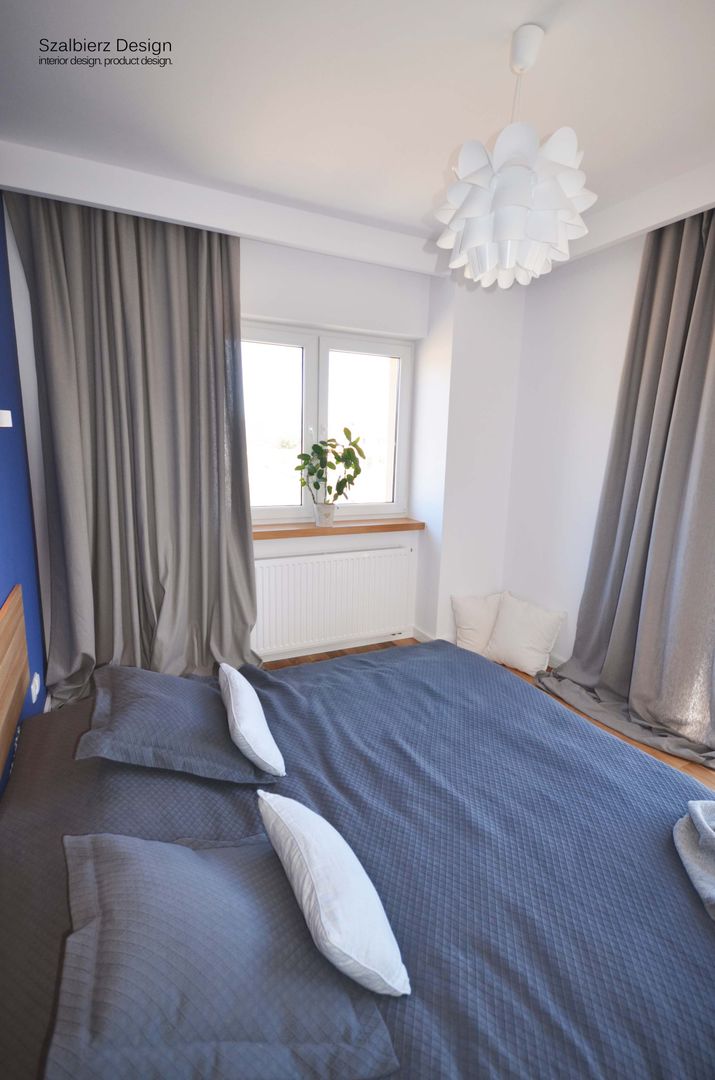 homify Modern Yatak Odası sypialnia,drewno,dąb,granatowy,szary,biały,ikea