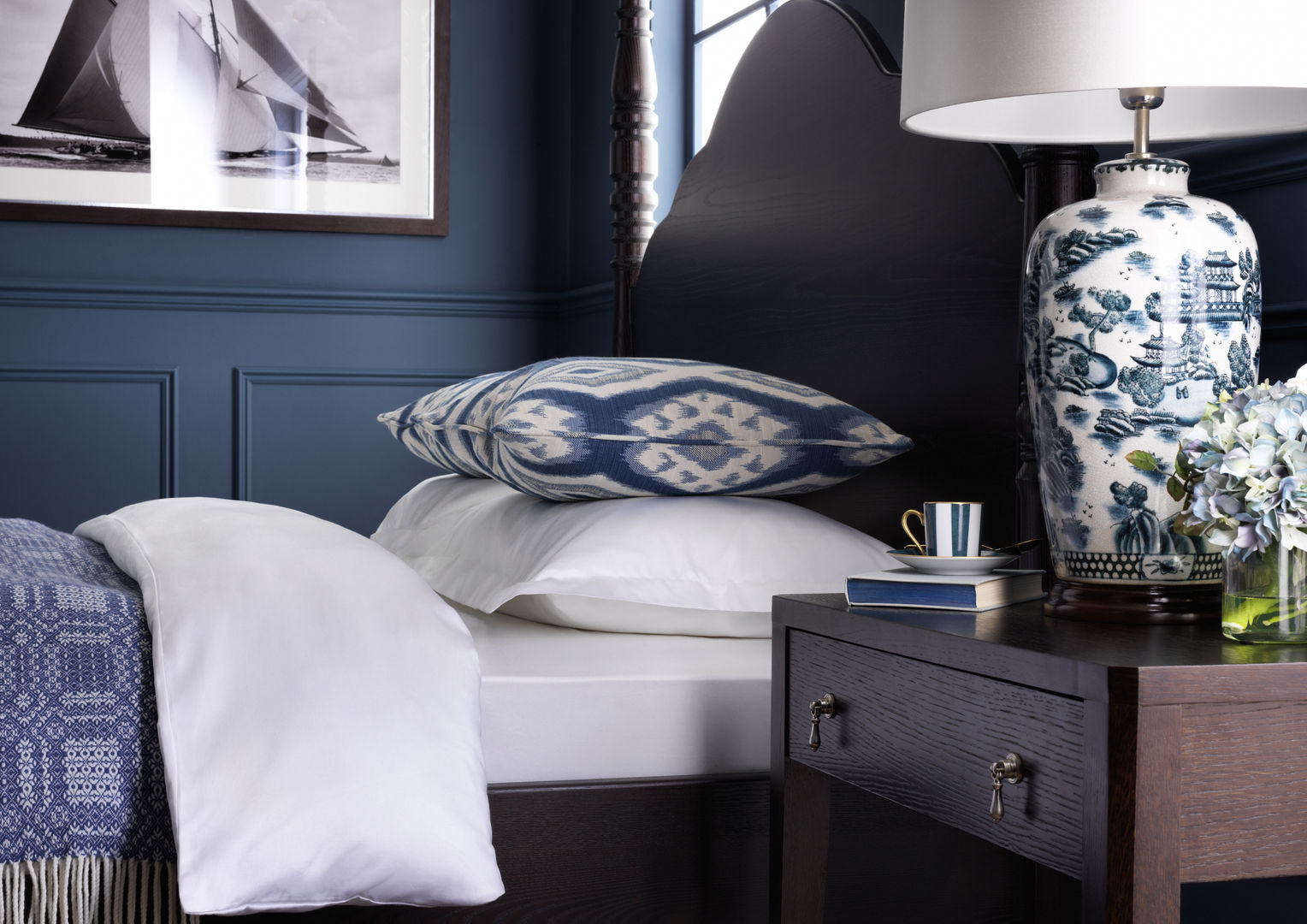 SS16 Style Guide - Coastal Elegance - Bedroom LuxDeco Wiejska sypialnia country,bedroom,blue,bedside table