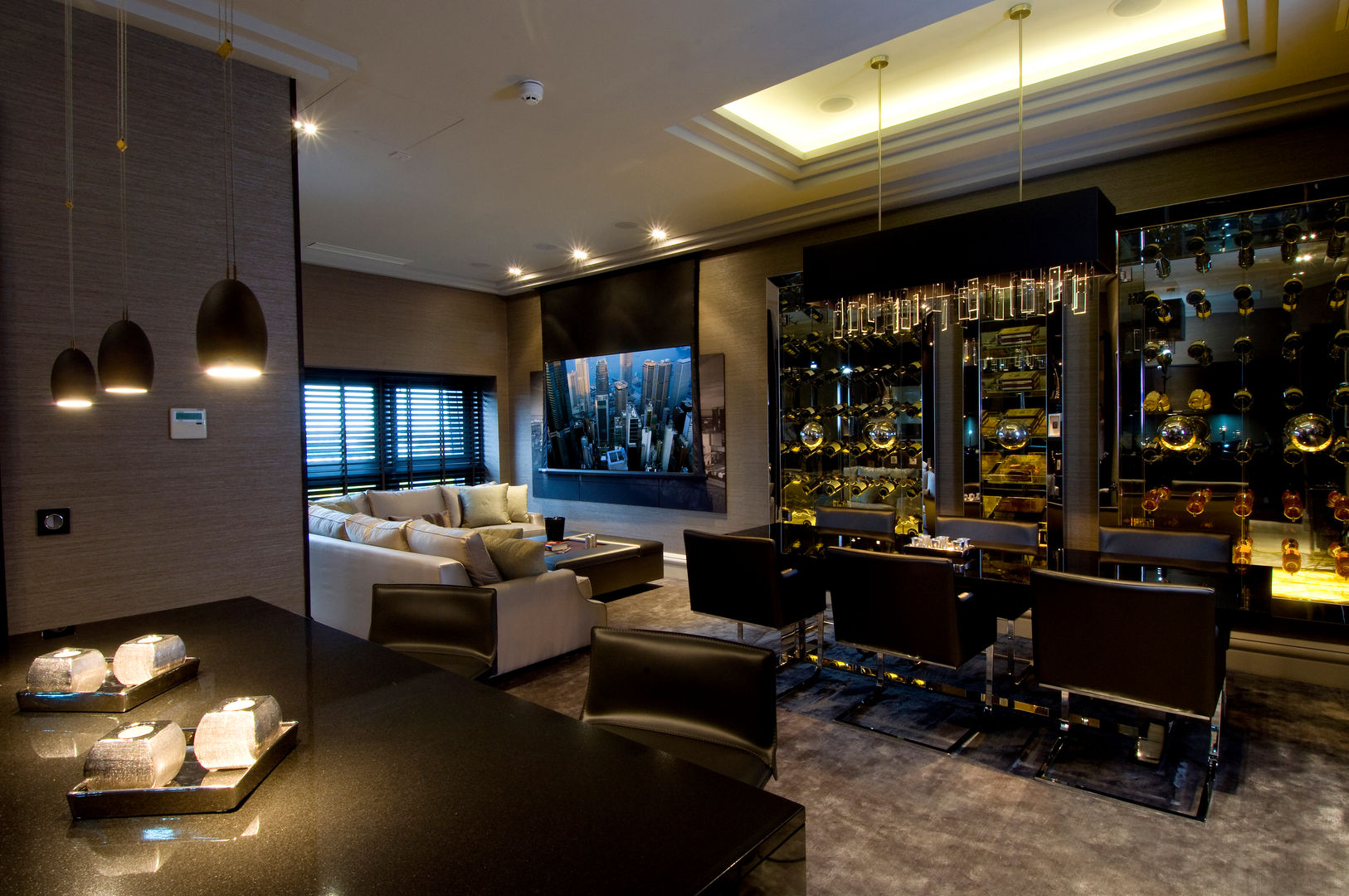 Looking over to the cinema Design by UBER Media room cinema,home cinema,apartment,luxury apartment