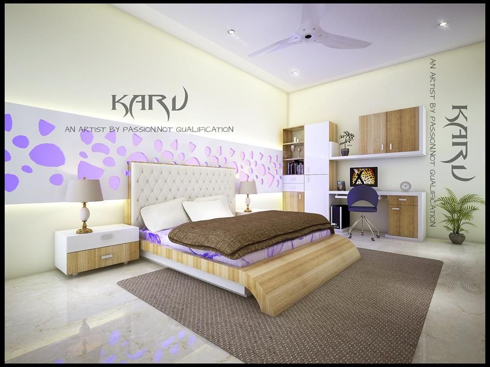 BEDROOM KARU AN ARTIST Modern style bedroom Property,Furniture,Building,Ceiling fan,Decoration,Purple,Plant,Comfort,Lighting,Wood
