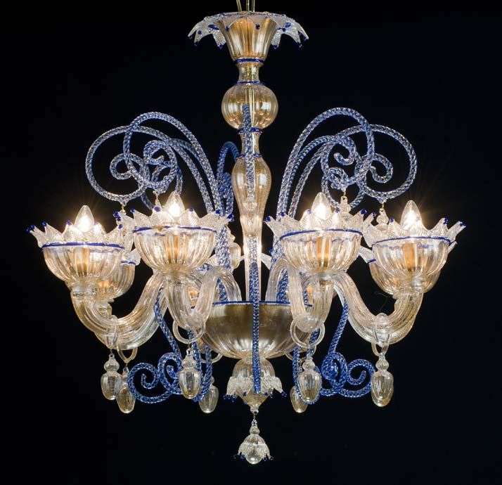 Blue and Gold Glass Chandelier - RENIER YourMurano Lighting UK Klasik Oturma Odası Cam Işıklandırma