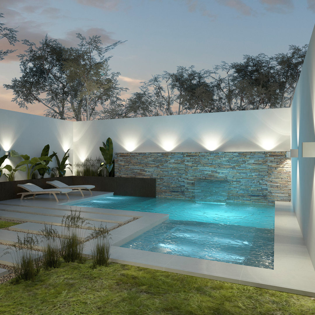 Diseño de patios pequeños con piscina FILIPPIS/DIP - DISEÑO Y CONSTRUCCION Piscinas de estilo moderno Concreto