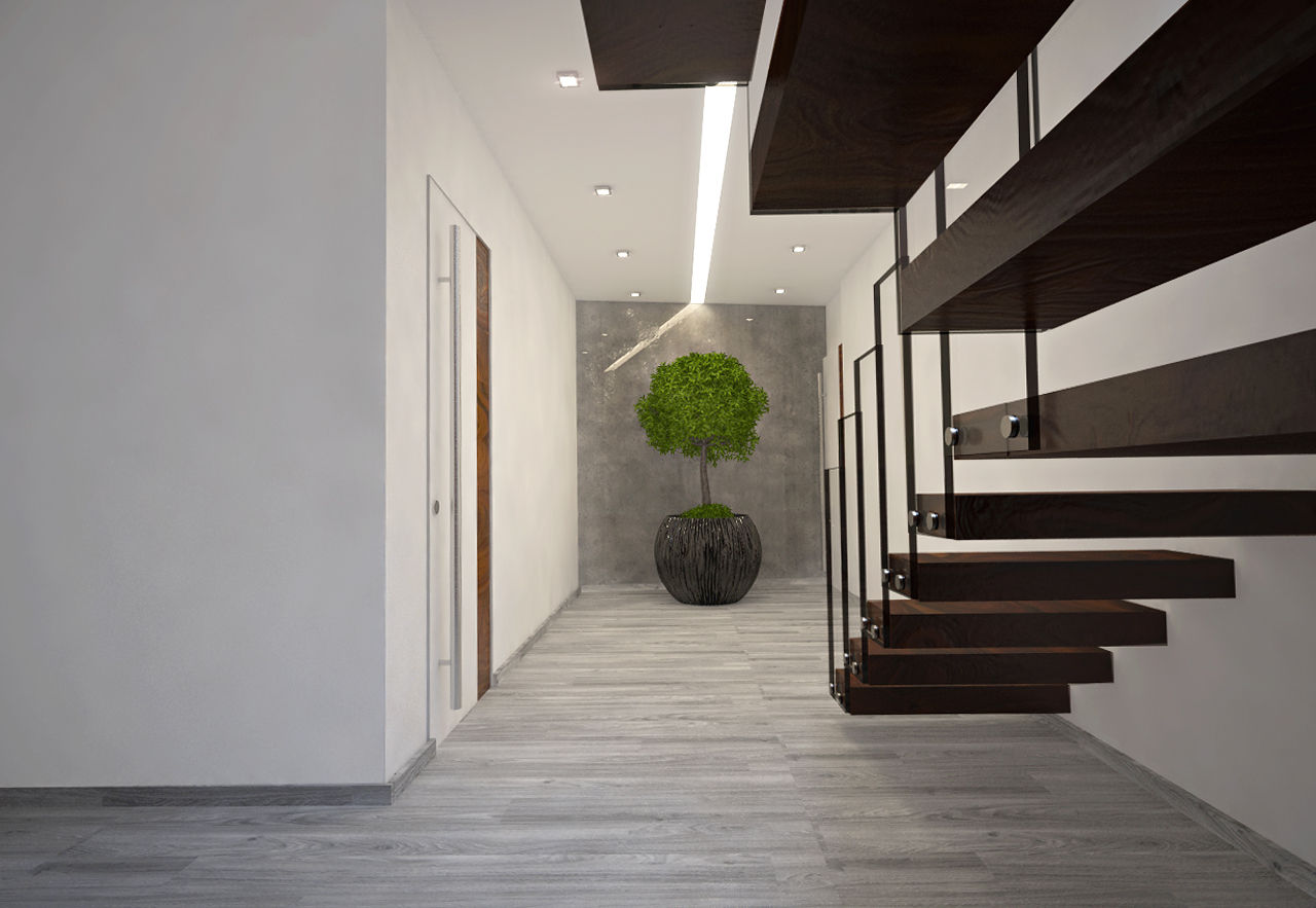 Moradia Familiar Moderna, Tiago Martins - 3D Tiago Martins - 3D Modern corridor, hallway & stairs